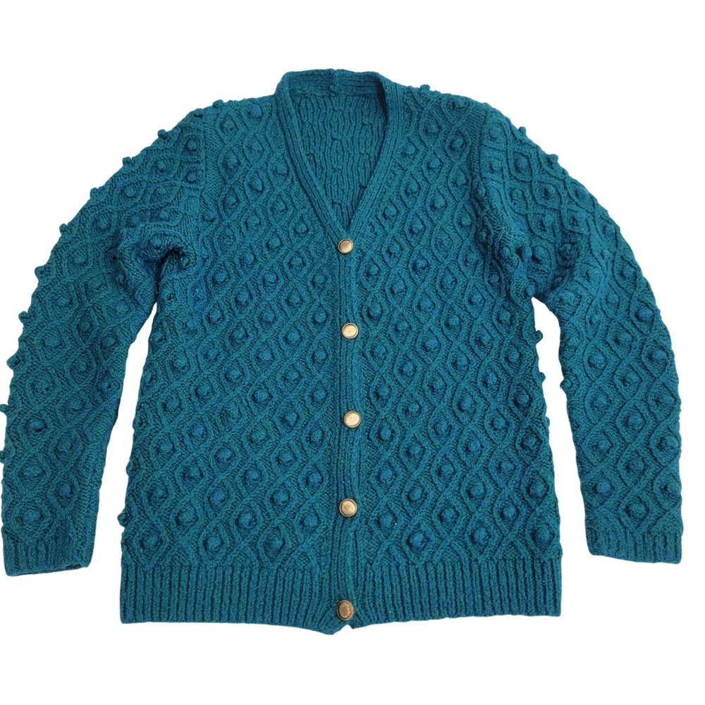 Handknit Teal Bobble Knit Button Front V-Neck Cardigan Sweater Women Size S OOAK